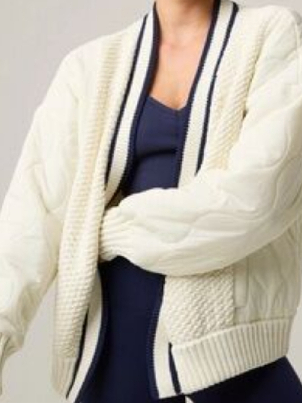 Aerie Offline Cream Cable Cardigan with Navy Stripe Trim Size XS